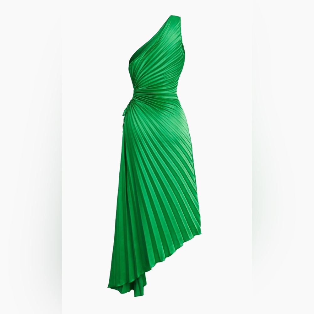 Commense One-Shoulder Asymmetrical Pleated Green Dress